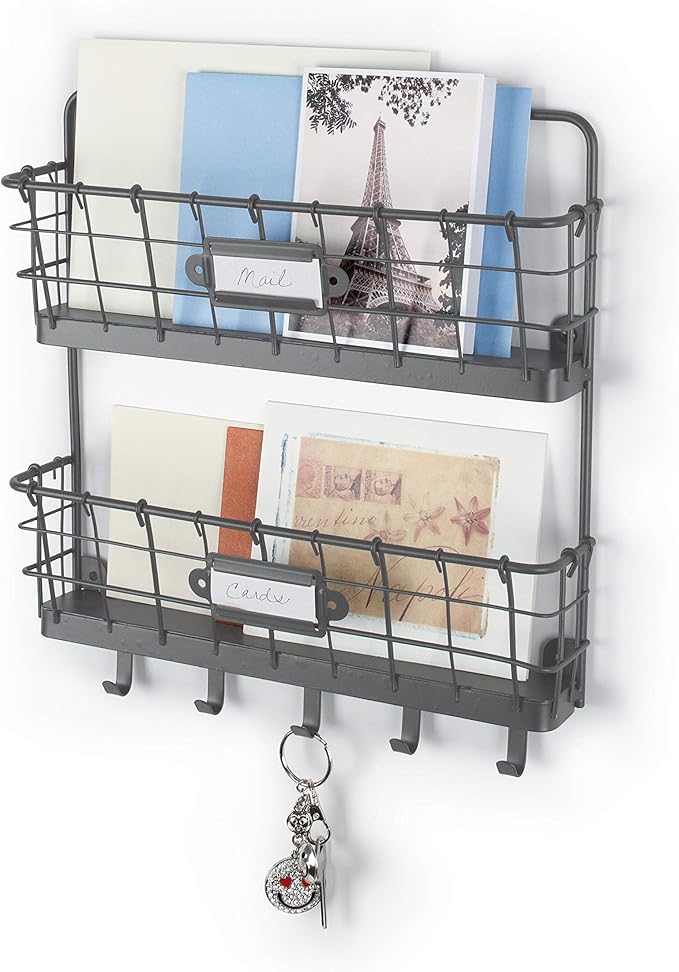 Spectrum Mail and Key Organizer for Wall, Vintage 2-Tier Mail Holder for Wall with 5 Key Hooks, Farmhouse Entryway Key and Mail Holder, Hanging Mail Organizer Rack for Letters Bills, Industrial Gray