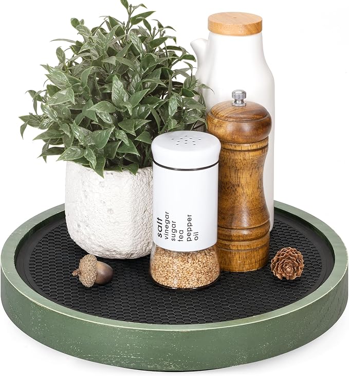 Pine Wood Non-Skid Lazy Susan for Table Top â 10.5" Lazy Susan Turntable for Cabinet, Kitchen Decor & Coffee Table - Ideal as a Spice Rack & Bathroom Tray with Rubber Mat (Green)