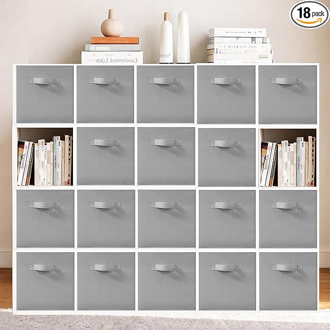 11 Inch Fabric Storage Bins, Storage Cubes, Collapsible Cube Storage Box, Fabric Closet Organizers with Handle for Home, Office, Shelf, Closets, Bedroom, Living Room, Grey, 18 Pack