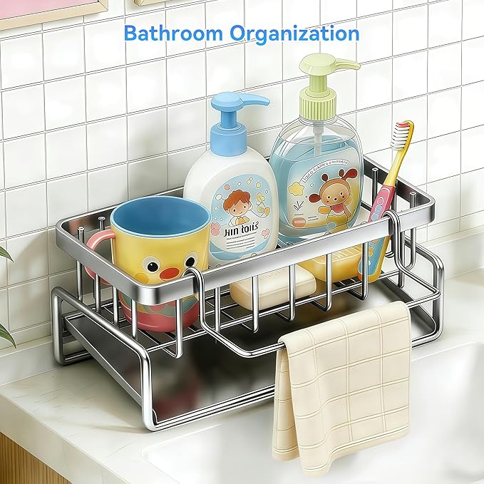 Sponge Holder for Kitchen, Sink Caddy Organizer Rack for Kitchen Accessories, Soap Dispenser Countertop Organizer Essentials for Home (Grey)