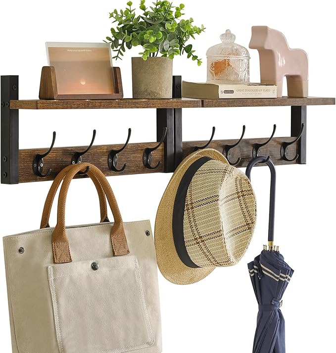 YMYNY Coat Rack Shelf Wall Mounted, Coat Hooks Set of 2, Entryway Coat Hanger with 8 Hooks, 31.5" Wall Floating Shelf with Hat Rack, for Kitchen, Bedroom, Bathroom, Rustic Brown UHWS001H-2
