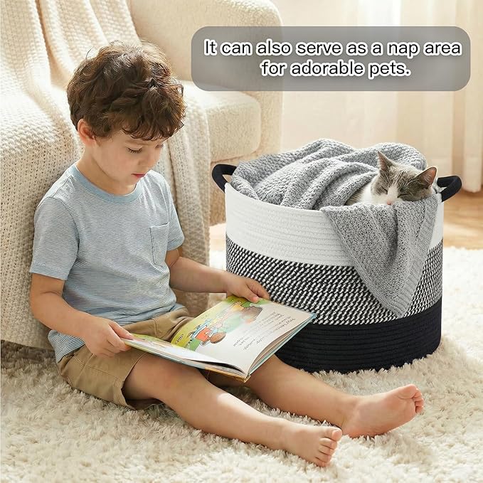 40L Large Cotton Rope Basket, Decorative Woven Blanket Storage for Living Room, Boho Toy Storage & Toy Box for Kids, Versatile Laundry Basket & Nursery Hamper for Blankets(Black)