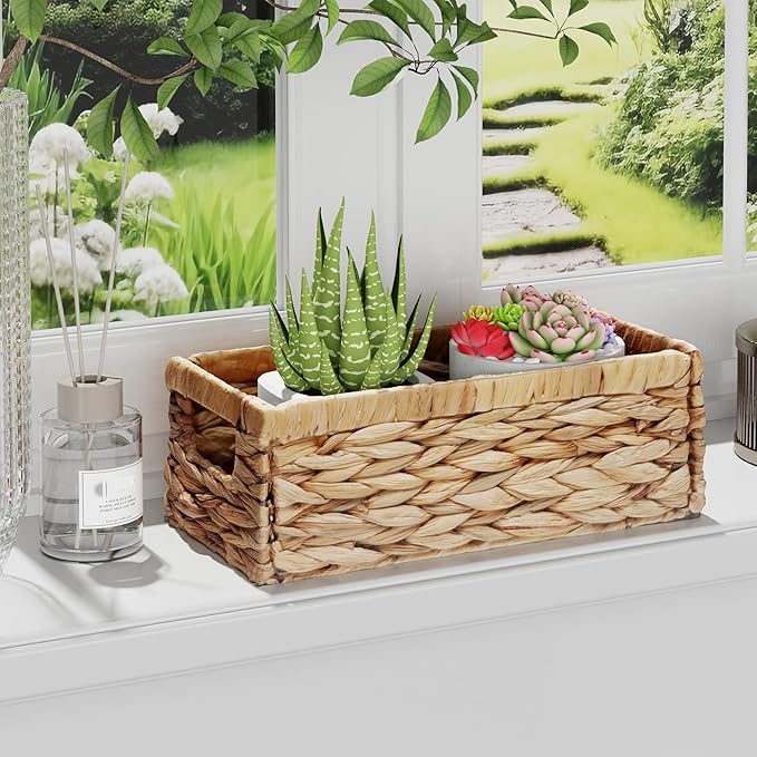 Vagusicc Water Hyacinth Storage Basket Wicker Baskets for Organizing with Handles Decorative Storage Bins for Countertop Toilet Paper Basket for Toilet Tank Top Small Baskets (11.4x6.1x4.6 in, 2 Pack)