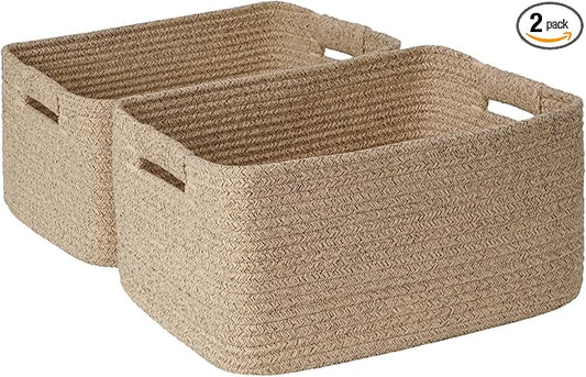 2 Pack Large Storage Basket for Organizing, 17"x12"x7.5" Woven Basket for Shelves, Closet Cube Storage Bins with Wrapped Handle, Cotton Rope Baskets for Kitchen, Clothes, Toys (Natural)