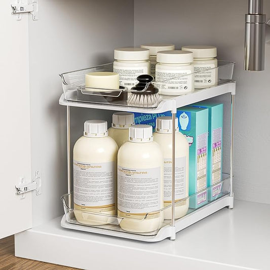Delamu 2-Tier Multi-Purpose Bathroom Under Sink Organizers and Storage, Stackable Kitchen Pantry Organization, Pull Out Medicine Cabinet Organizer with Movable Dividers, White, 1 Pack