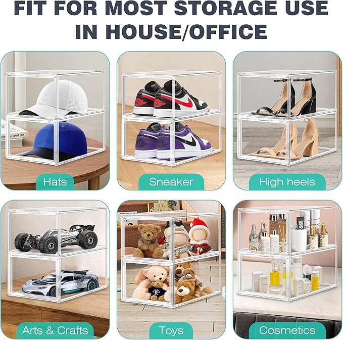 12 Pack Drop-Front Clear Shoe Boxes Acrylic Box Sneaker Boxes Size 12, Stackable Shoe Display Cases with Magnetic Door Storage Bins for Sneaker Containers Boot Figure Display