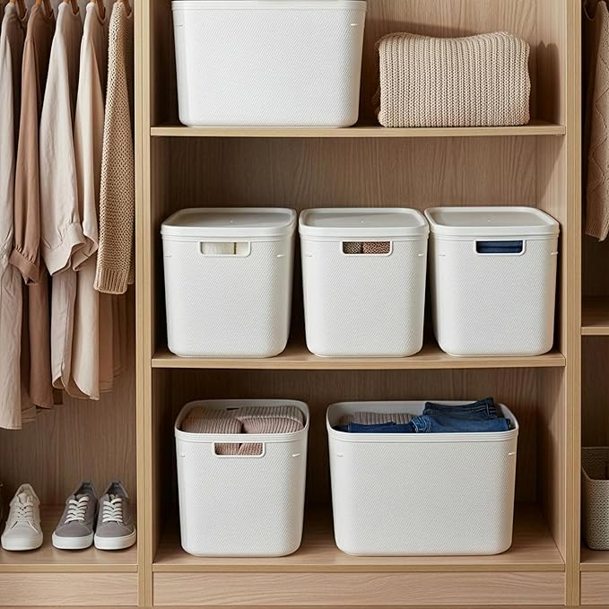 BINO | Plastic Storage Bins with Lids, 20 Liter - 3 Pack, White | THE TWILL COLLECTION | Plastic Bins for Organization | Woven Storage Baskets for Organizing | Pantry Shelf Organizer Basket Bin