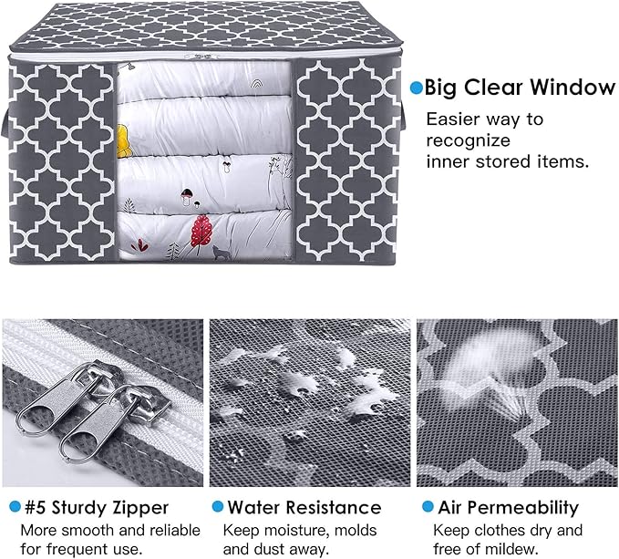 WISELIFE Storage Bags, Large Blanket Clothes Organization and Storage Containers for Bedding, Comforters, Foldable Organizer with Reinforced Handle, Clear Window,Sturdy Zippers,(Grey, 8 x 100L)