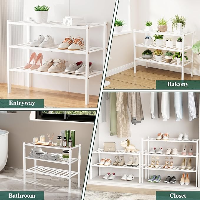Smiry Shoe Rack, 5 Tier Small Bamboo Shoe Organizer, Stackable Free Standing Wooden Shoe Storage Shelf for Closet, Entryway, Front Door Entrance, White