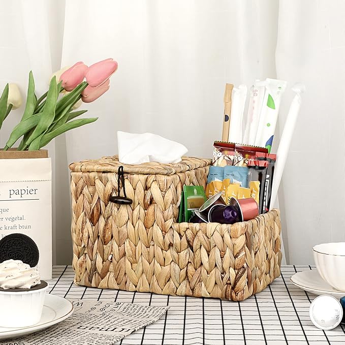 Sumnacon Square Woven Tissue Box Cover - Decorative Cube Wicker Tissue Box Holder with Side Organizer, Rustic Water Hyacinth Tissue Holder for Living Room Vanity Night Stand Table Countertop Office
