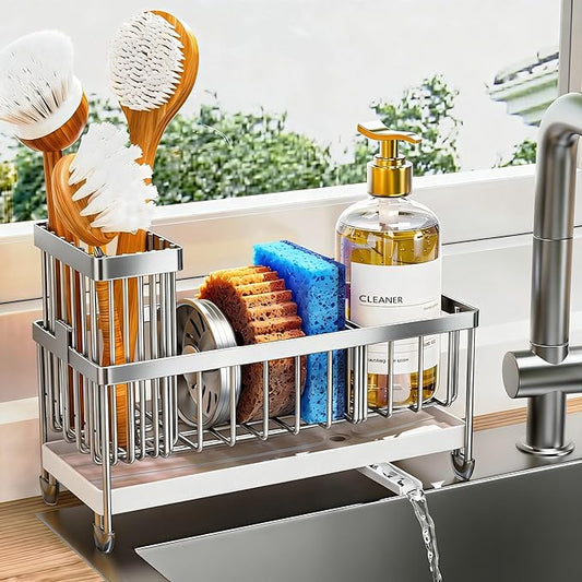 Cisily Sponge Holder for Kitchen Sink, Sink Caddy Organizer with High Brush Holder, Kitchen Countertop Organizers and Storage Essentials, Rustproof 304 Stainless Steel (Silver, 9.25″)