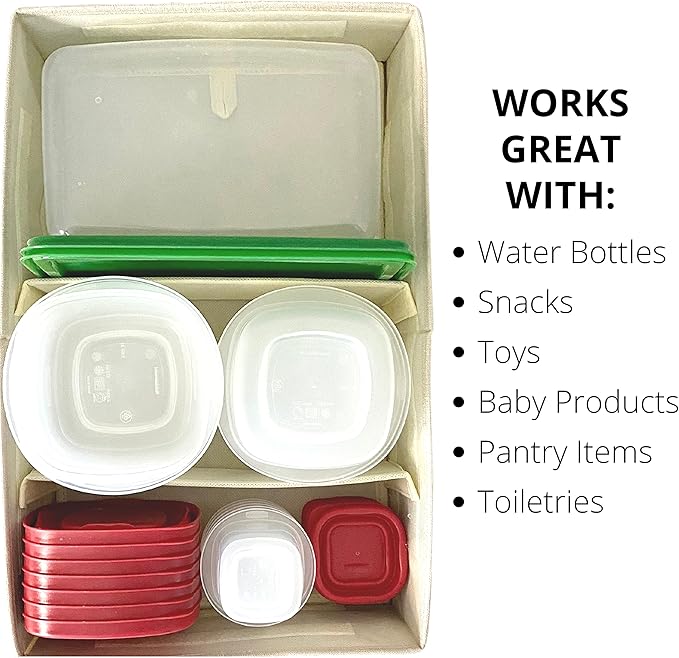 Food Storage Container Organizer Box – A Kitchen Drawer Organizer Compatible with Rubbermaid, Glad Containers and Lids – Adjustable Foldable Cloth Box