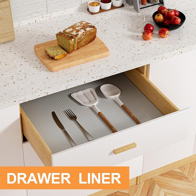 Cabinet Shelf Liner 17.7-inch Wide: Waterproof Kitchen Cabinet Liners Light Gray - 17.7 Inch x 300 Inch Non-Adhesive Easy to Cut Drawer Mat for Pantry Shelves