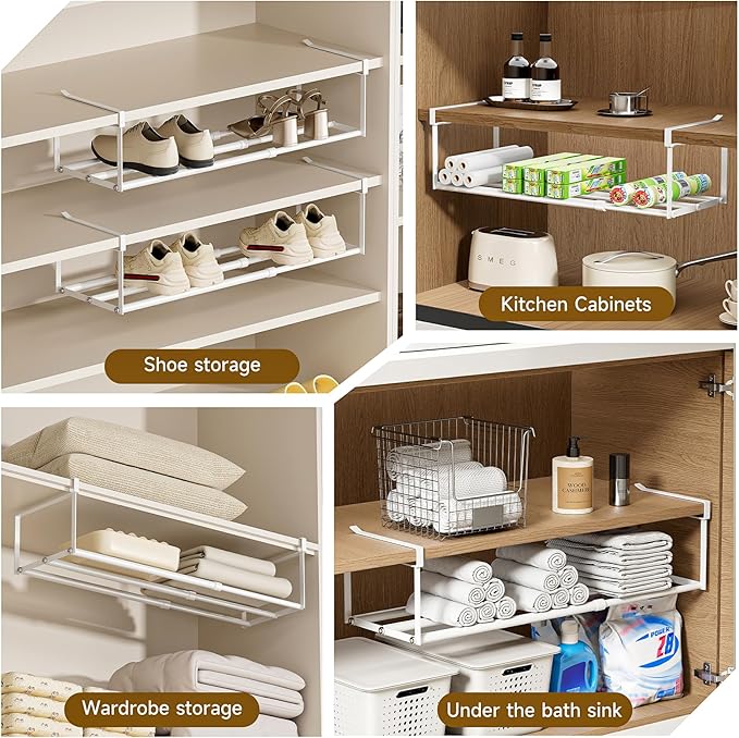 Expandable Hanging Shoe Rack Organizer for Closet, Adjustable Shoe Rack Under Cabinet Shelf, Versatile Under Shelf Storage for Kitchen, Book, Clothing Storage and Organization(White,4PCS)