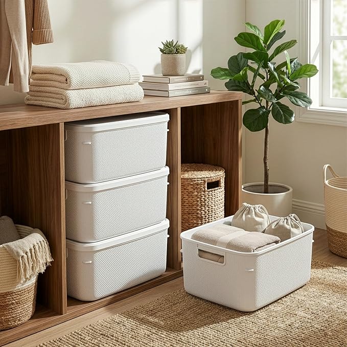 BINO | Plastic Storage Bins with Lids, 13 Liter - 3 Pack, White | THE TWILL COLLECTION | Plastic Bins for Organization | Woven Storage Baskets for Organizing | Pantry Shelf Organizer Basket Bin