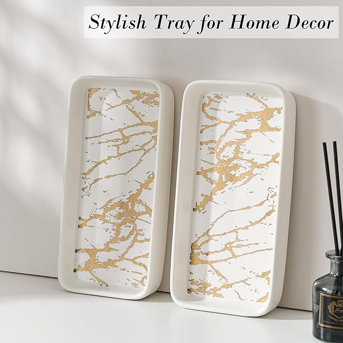 Bathroom Vanity Tray for Countertop,2PC Rectangle Marble Tray Set,Decorative Bathroom Organizer for Scrubber, Lotion Bottles, Perfume, Jewelry, Candle, Key Trinket Ringï¼Small,Whiteï¼