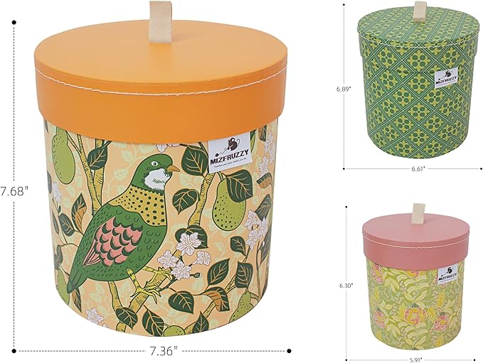 3-Piece Decorative Storage Boxes with Lids, wool storage, toy bin, Cardboard Keepsake Box Set, Vintage Floral and Geometric Patterns, Green, Orange, Yellow, Home Decor, Table Decor
