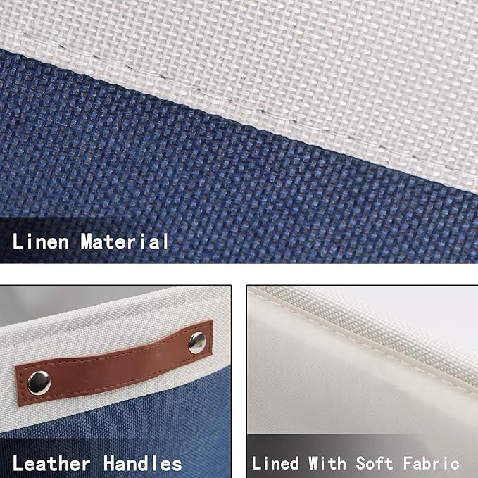 HNZIGE Large Storage Baskets for Shelves(3 Pack) Fabric Toy Basket with Leather Handles, Decorative Foldable Storage Baskets (White&Blue,15" x 11" x 9.5")