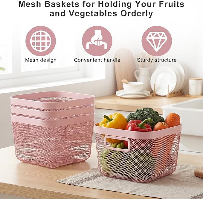 4 Pack Metal Mesh Basket with Hollow Handles Pink Wire Storage Bin for Organizing Stackable Metal Fine Mesh Basket for Pantry Bathroom Kitchen Cabinets Shelves (Medium)