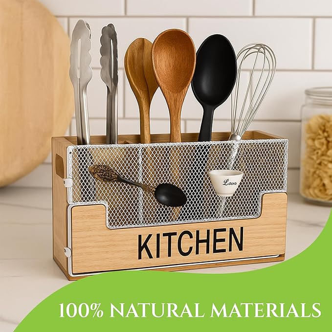 4 Compartments Large Kitchen Utensil Holder Organizer for Counter or Countertop|Wooden Storage Container for Cooking and Silverware| Farmhouse Rustic For Kitchen Organizer