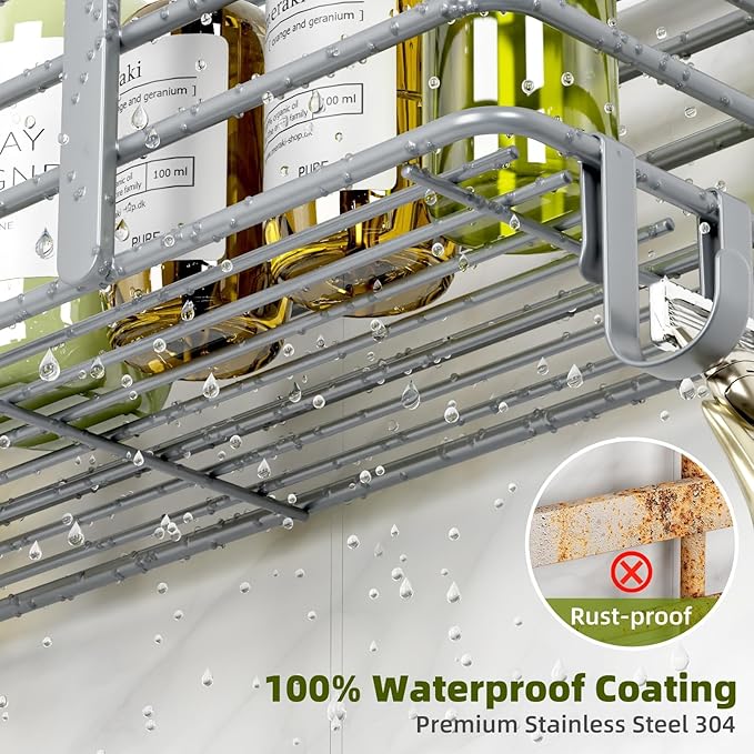 Yougai Shower Caddy, Shower Organizer with Soap Holder and Hooks, Rustproof Shower Shelves, No Drilling Bathroom Organizers and Storage, Wall-Mounted Kitchen & Home Decor (Light Grey)