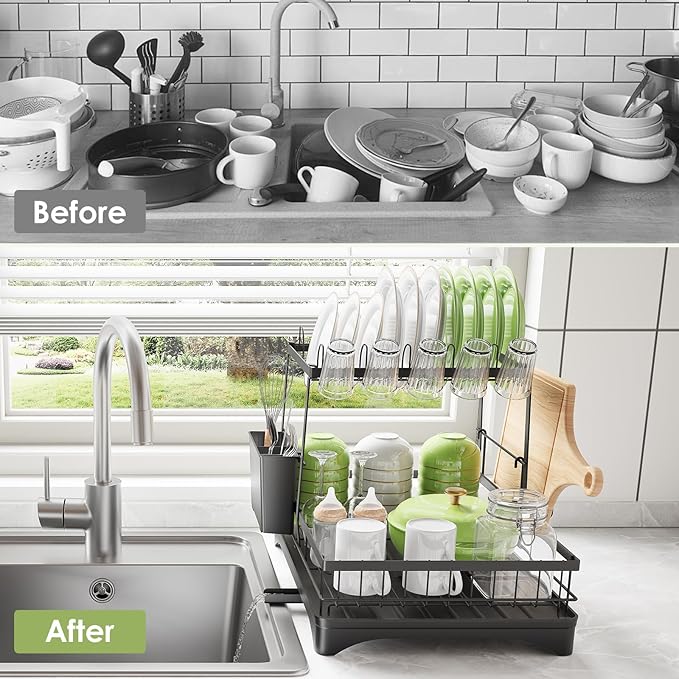 Dish Drying Rack, Dish Racks for Kitchen, 1 Tier or 2 Tiers Large Dish Drainer Organizer with Utensil Holder, Kitchen Counter Organizers and Storage Rack with Drainboard, Screw-Free Mounting (Black)
