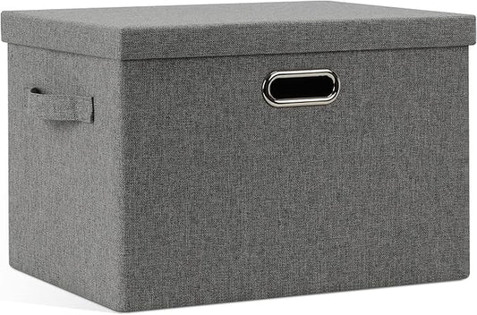 Large 17" 36 Quart Collapsible Stackable Storage Bins with Lids, 1 Pack Grey Foldable Fabric Closet Storage Boxes with Lids, 4 Handles Heavy-duty Linen Cube Baskets for Bedroom