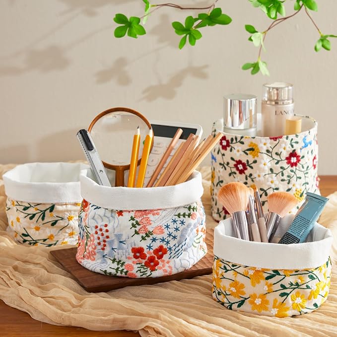HAUSFRAU Decorative Storage Baskets - Round Embroidered Jacquard Baskets for Home Decor and Organizing - Small Storage Box and Organizer Bins, 6"x6"x6", Yellow Daisy