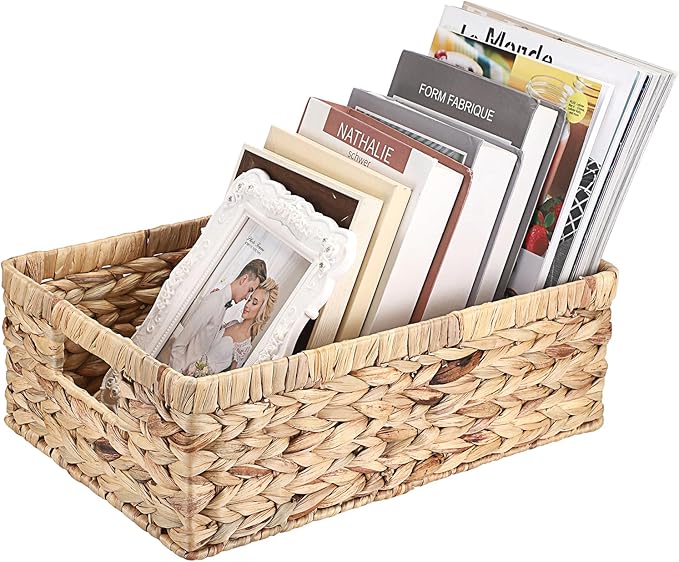 Woven Open Storage Bins Large Wicker Shelf Basket with Built-in Handles Natural Water Hyacinth Storage Baskets for Toiletries Books Fruits Organizing,15 x 10.2 x 5 inches