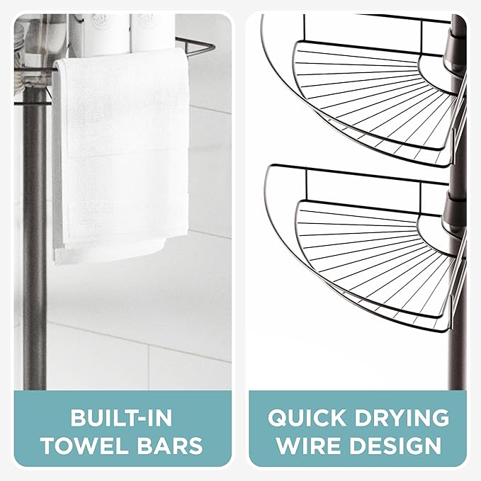 Zenna Home Tension Pole Shower Caddy Corner Organizer, Adjustable Standing Shower Caddy with 4 Baskets and Towel Bar, Rust Resistant Bathroom Tension Rod Organizer, 60 to 97 Inch, Bronze