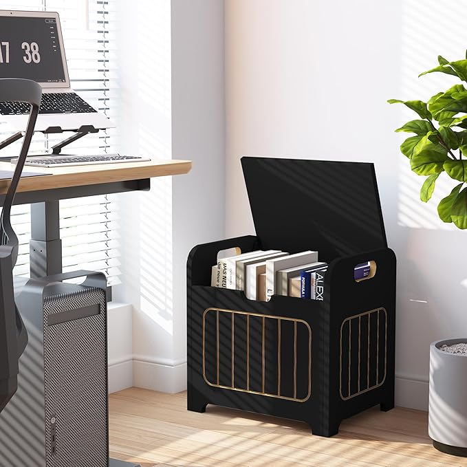 Black Wooden Storage Chest, Small Cube Storage Box Organizer with Handles, Wooden Storage Bin for Books and Clothes, Square Side Table for Entryway, Living Room or Bedroom