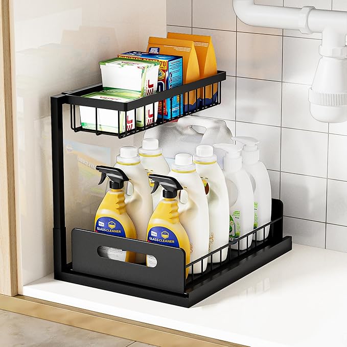 VUSIGN Under Kitchen Sink Organizer 2 Tier, Pull Out Bathroom Sink Organizers and Storage, Cabinet Kitchen Bathroom Storage Organization Shelf, 1 Pack Black