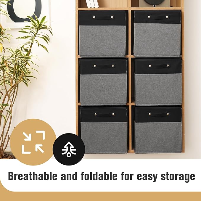 13 x 13 Inch Fine Linen Storage Bins with Handles，Fabric Cube Boxs，Basket Organizers for Shelves for Home, Closet Drawers (Black/Gray-4 Pack)