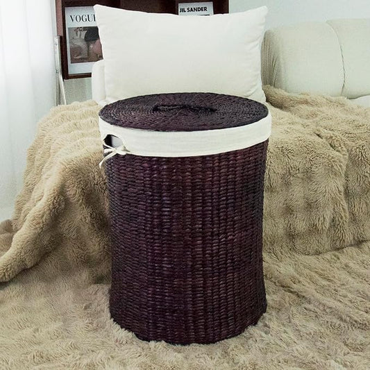 Hand-Woven Wicker Laundry Basket with Lid, 20 Gal (75 L) Large Laundry Hamper with Removable Liner for Laundry Room and Home Decor, Artisan Dark Coffee (21"H x 15.7"D)