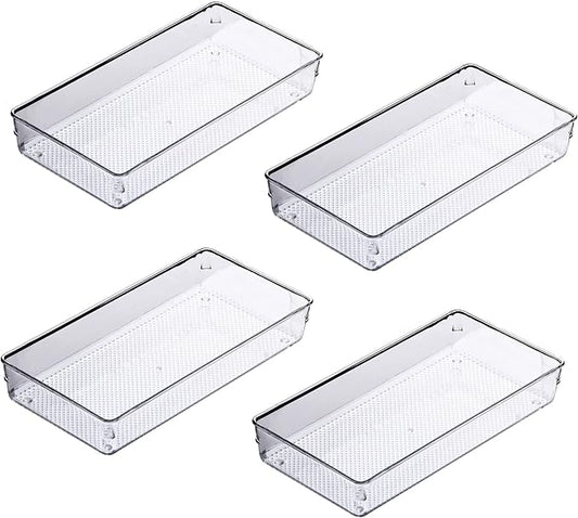 4Pack Large Size Clear Plastic Desk Drawer Dividers Drawer Organizer Wide Tray for Makeup,Kitchen Utensils,Jewelries and Gadgets 12’’x6’’