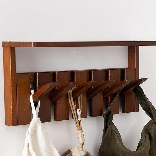 Wooden Coat Rack Wall Mount with Shelf, Heavy Duty Entryway Organizer with 8 Hooks,Coat Hooks Hanger for Coats, Hats, Bags & Towels, Walnut Wall Hanger for Hallway, Bedroom, Kitchen (6 Hooks)