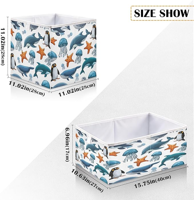 Blueangle Sea Animals Cube Storage Bin, 11 x 11 x 11 in, Large Collapsible Organizer Storage Basket for Home Décor