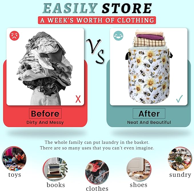 Cute Bees Laundry Basket Foldable With Handles Tote Bag Oxford Cloth Yellow Flowers Colorful Laundry Hamper Clothes Storage Bucket Toy Organizer 18.9" x 16.5" For Bathroom/Laundry/Bedroom