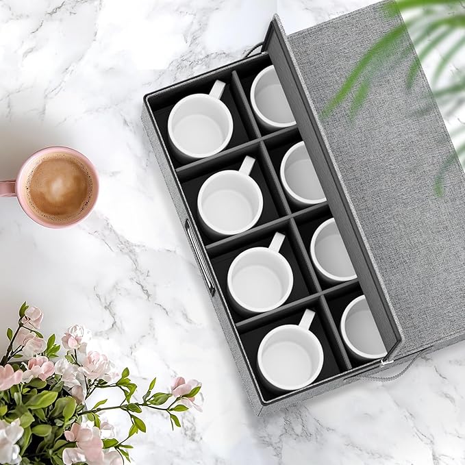homyfort Coffee Mug Storage Box Organizer with Dividers, China Tea Cup Storage Containers Hard Shell, Service for 24 Coffee Mugs or Tea Cups (Grey)