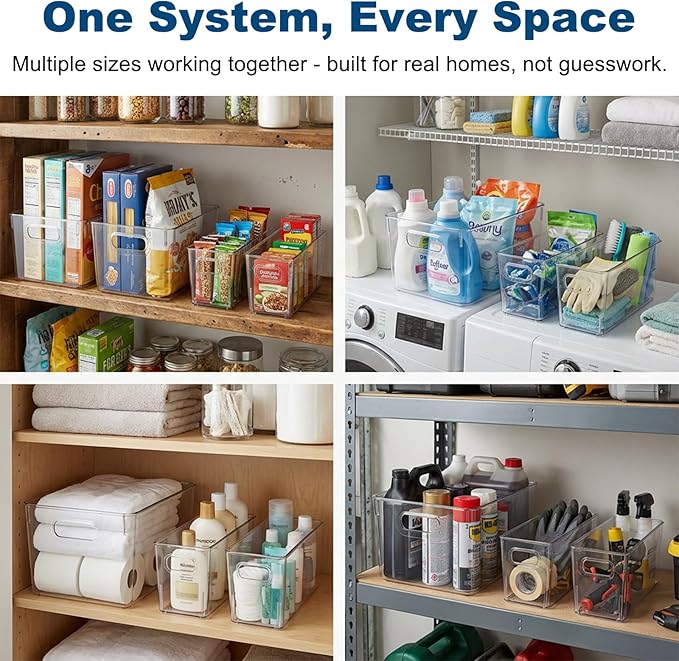 MOONEDGE 4 Pack Modular Clear Plastic Storage Organizer Bins â 2 Large & 2 Narrow, Nestable Space-Saving System for Pantry & Kitchen Storage, Fridge, Bathroom & Cabinet