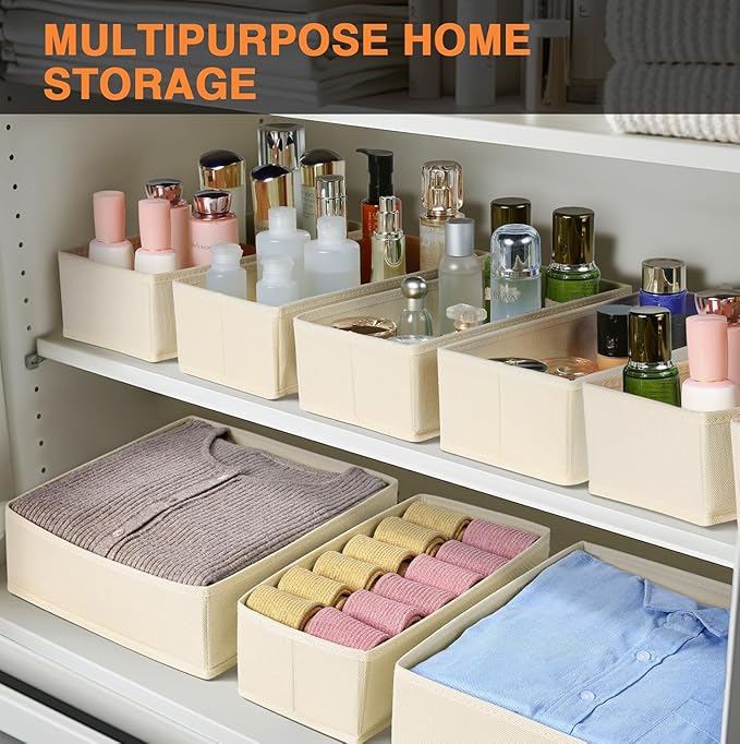 DIMJ Drawer Organizer Clothes 12 Pack - Foldable Baby Organizers and Storage & Dresser Organizer for Bedroom, Closet - Nursery Organization Dresser Dividers for underwear, Sock,Bra, Belt, Tie, Beige