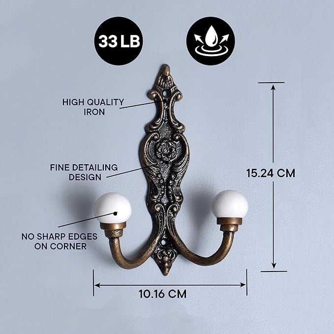 Indian Shelf Pack of 6 Heavy Duty Double Hooks for Hanging White Decorative Coat Hooks Double Prong Unique Coat Rack Wall Mount Ceramic Vintage Wall Hooks Towel Holder Backpack Purse Hanger- Style 6
