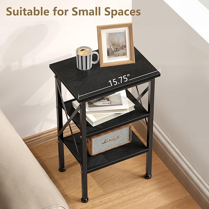 VECELO End Table, 24" Tall Living Room Side Tables, X-Design Reinforced Bedside Table, Nightstands with 3-Tier Storage Shelves for Small Spaces, Office, Bathroom, Bedroom, Classic Black, 1 Pack