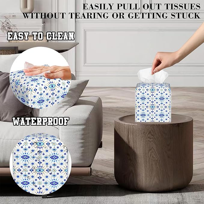 Tissue Box Holder Evil Eye Square Leather Tissue Box Cover Modern Cube Facial Paper Cover Case for Bathroom Vanity Countertop Night Stands Tabletop