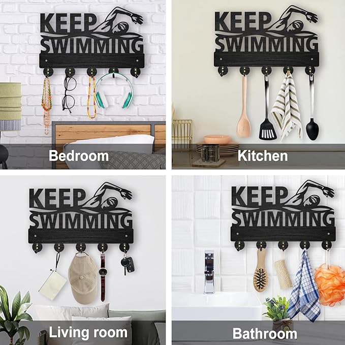 MAYJOYDIY Swimming Wall Mount Coat Rack Key Holder 11.8×8inch Wood Wall Coat Rack Hooks Coat Hooks 5 Alloy Hooks Keep Swimming Wall Hooks for Hanging Swimming Caps Goggles Home Decor Gift