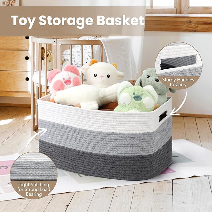 75L Large Blanket Basket, Woven Storage Baskets with Reinforced Handles, Rope Laundry Basket for Living Room, Bedroom, Nursery, Toys, Clothes,Pillows, 22â x 17â x 11.5â, White & Grey