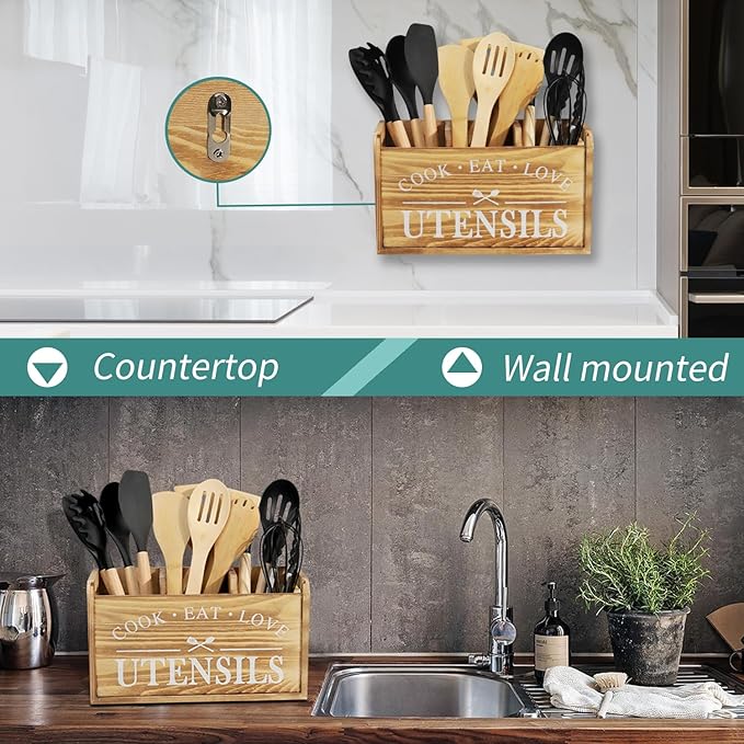 Kitchen Utensil Holder for Countertop, Large Solid Wood Farmhouse Cooking Utensils Organizer for Kitchen Counter, 3 Compartments Utensil Spoon Holder Tool Storage for Home Decor (Burned wood)
