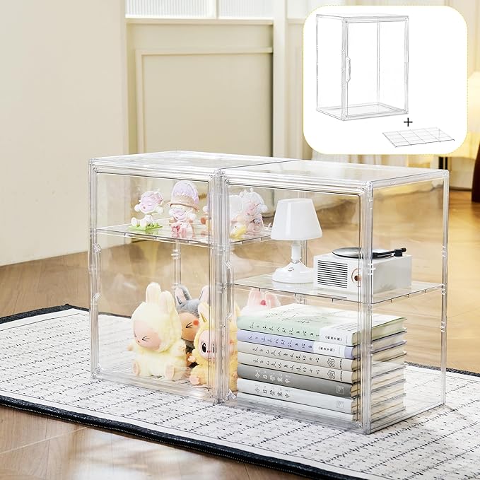Acrylic Display Case with Removable Shelf Compatible with Labubu POP MART 2 Tier Figure Display Case for Collectibles Cosmetic Clear Acrylic Box