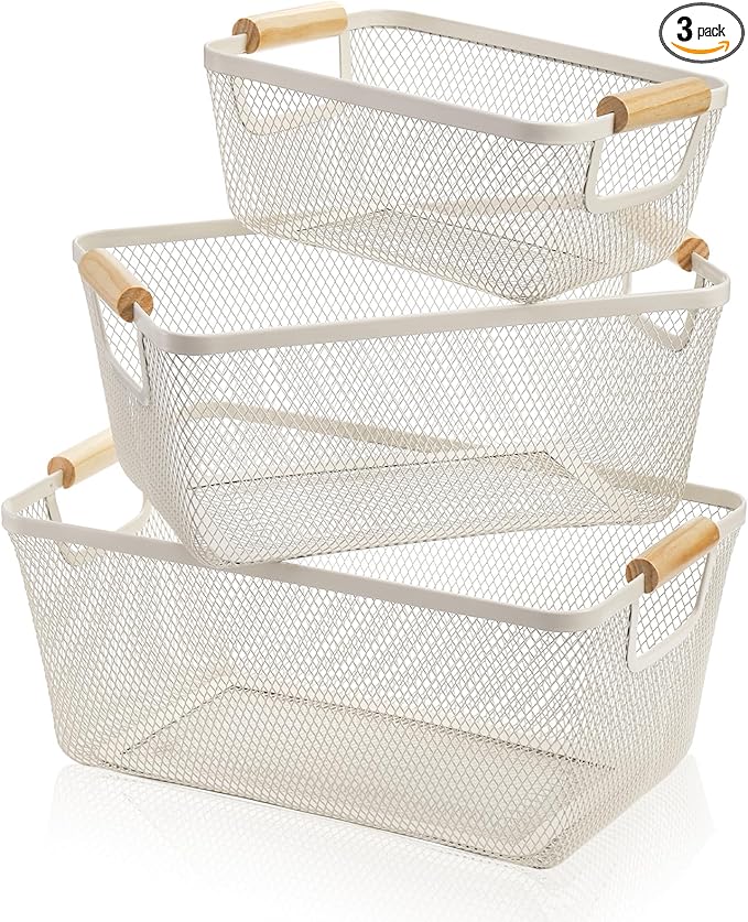 3 Pack Metal Mesh Baskets with Wood Handle, Iron Storage Organizer Basket, Cream White Wire Countertop Baskets for Organizing, Cabinet Pantry Closet Bedroom Kitchen(3 Size)