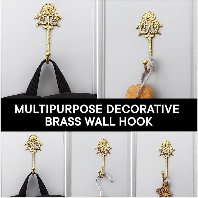 Indian Shelf 3-Packs Handmade Brass Heavy Duty Decorative Vintage Key Holder, Key Wall Hooks for Hanging Coats, Jackets, Leash, Hat, Towel, Backpack, Purse, Handbag for Hallway Décor (Golden)